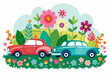 Charming cars adorned with vibrant flowers, creating a picturesque display against a pure white backdrop.