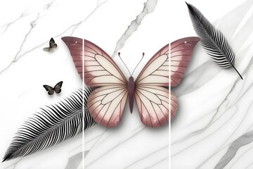 Wall Mural - Home panel wall art three pieces, marble background with feather designs and butterfly silhouette