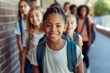 Portrait of group of multiethnic schoolchildren with smile at school