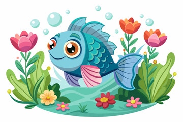 Poster - A charming fish cartoon animal adorned with vibrant flowers frolics on a white background.