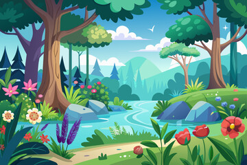 Wall Mural - A charming forest scene with colorful flowers set against a white background.