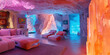 Crystal Cavern Abode: A Home with Crystal-like Formations and Luminescent Accents, Emanating Mystical Glow.
