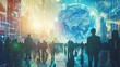 Global technology concept with earth and people - A bustling scene of silhouetted people with an overlaid digital earth represents global connectivity and data exchange