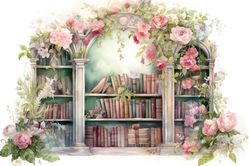 Wall Mural - Watercolor illustration of a bookcase with books and peonies.