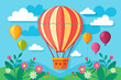 A charming hot air balloon adorned with vibrant flowers floats gracefully amidst the azure sky.