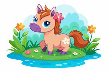 Sticker - Charming cartoon horses frolic amidst a field of vibrant flowers.