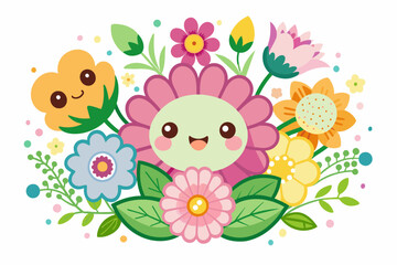 Poster - Charming kawaii with flowers on a white background.