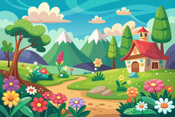 Poster - Charming cartoon landscapes with colorful flowers adorning the background.