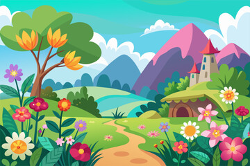 Sticker - Charming cartoon landscapes with colorful flowers in the background.