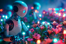 A Robot Is Standing In A Field Of Flowers