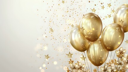 Golden Balloons and Glitter Confetti Stars Background