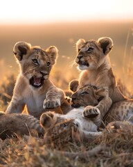 Playful Lion Cub Siblings Frolic in Vibrant Savanna Landscape with Warm Lighting and Detailed Textures