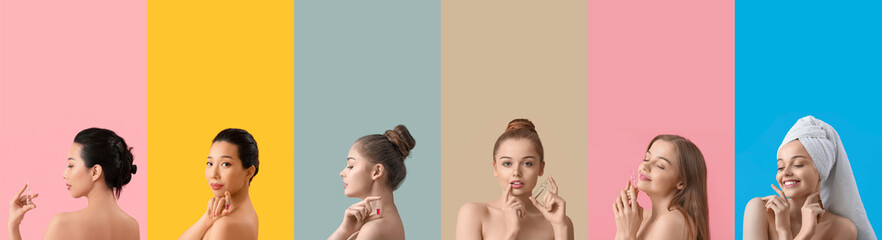 Sticker - Group of young women with ampule of natural cosmetics on color background