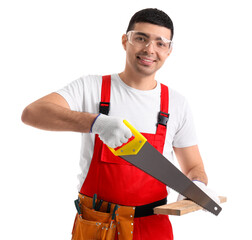 Canvas Print - Young carpenter sawing wooden plank on white background