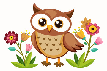 Poster - Charming owl cartoon with flowers on a white background