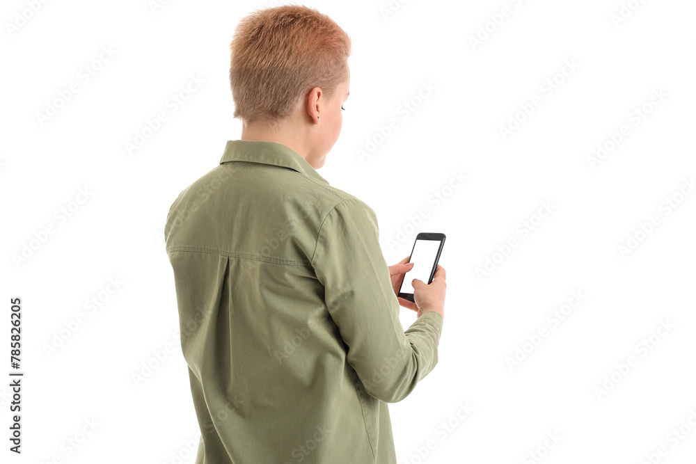 Young woman with short hair using mobile phone on white background
