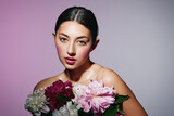 Fototapeta  - woman portrait make-up girl model art face pink beauty flower blush