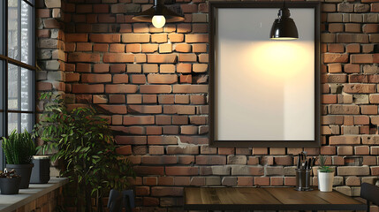 Canvas Print - Front view blank black menu frame on brick wall with lamp in loft cafe interior, mockup 3d rendering