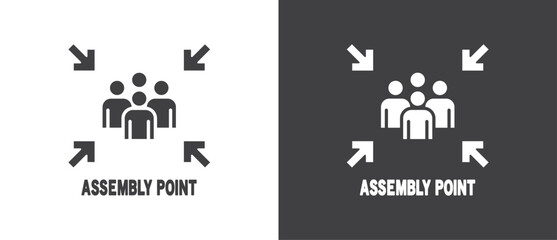 Wall Mural - Flat icon of Assembly point sign. gathering point signboard, Assembly point icon, emergency evacuation icon symbol, assembly sign vector illustration in black and white background.
