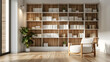 © YOGI C - Interior of a large modern living room or home library with white and wooden walls, wooden floor, comfortable armchairs and bookshelves