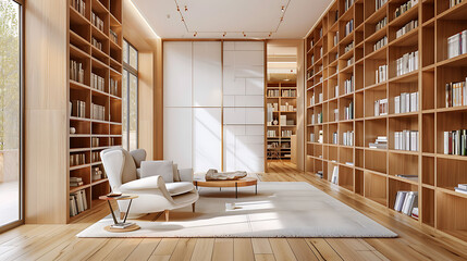 interior of a large modern living room or home library with white and wooden walls, wooden floor, co