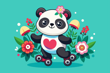 Wall Mural - A charming cartoon panda wearing rollerblades and flo's on a paved road.