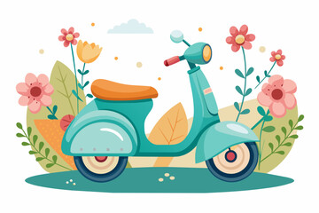 Poster - A charming cartoon scooter adorned with vibrant flowers stands out against a pristine white backdrop.