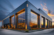 A sleek, modern office building with large windows and glass facades stands on the street in front of an industrial park at dusk. Created with Ai
