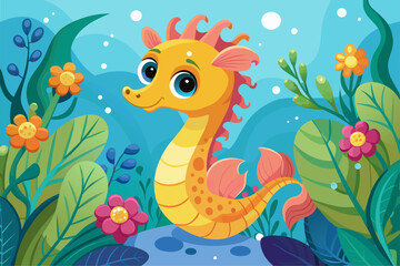 Sticker - Charming cartoon seahorse with colorful flowers adorns its body.