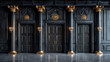 Dark grey marble wall with golden gilded accents, a tall door and columns with ornate sconces. Created with Ai