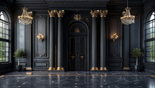Dark Grey Marble Walls With Golden Trim, Tall Columns On Either Sides Of The Door Frame, Black Wooden Doors And Gold Decorations Above Them. Created With Ai
