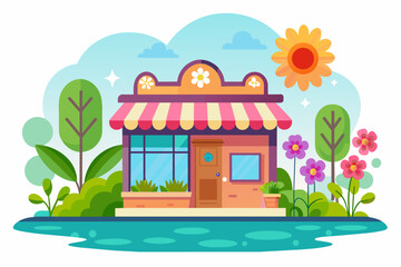 Poster - Charming cartoon shop with flowers decorates a white background.