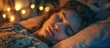 A serene woman peacefully sleeping in a comfortable bed with soft ambient lights in the background