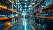 Defocused background image 2 Distant shelves lined with futuristic looking machinery and tools illuminated by dim overhead lighting giving the impression of a vast and advanced robotics .