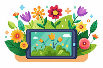 Sticker - A charming tablet cartoon adorned with vibrant flowers, blossoming in the midst of a white background.