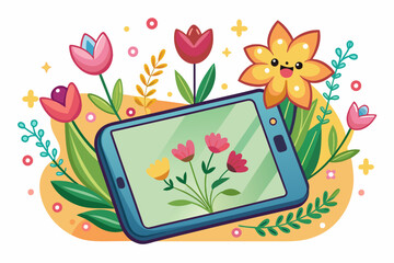 Sticker - Charming tablet cartoon adorned with colorful flowers on a pure white background.