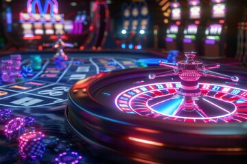 futuristic roulette table in neonlit casino with glowing chips and cards 3d illustration