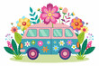 A charming cartoon van covered in vibrant flowers on a pure white background.