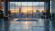 sunrise in the city,
Empty loft unfurnished contemporary interior office with city skyline and buildings from glass window