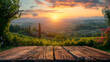 sunset on the bridge,
Empty wooden table on the background of vines, Tuscan landscape at sunrise