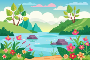 Wall Mural - Charming views with flowers on a white background.