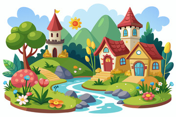 Wall Mural - Village cartoon charming with flowers on a white background.