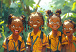 Illustration of young African children on their first day back to school, standing together with excitement.