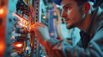 A technician examines the control panel, main system sensors, electromechanical drives, and power management systems