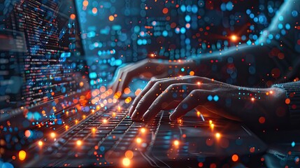 A programmer working with binary code. The concept of virtual reality.