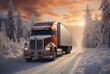 Big rig truck, action scene, high resolution, photorealistic, epic, cinematic, dramatic, red and white colors. Created with Ai