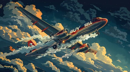 Editorial cartoon of a plane writing Buy and Sell in the sky with smoke, commenting on stock market volatility