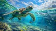 Sea turtle swimming blue green tropical ocean water, beautiful underwater sea marine life cartoon illustration background