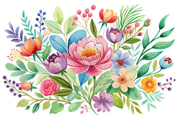 Sticker - Watercolor charming with flowers blooming gracefully on a white background.