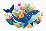 Fototapeta  - A charming whale with flowers adorns a pure white background.
